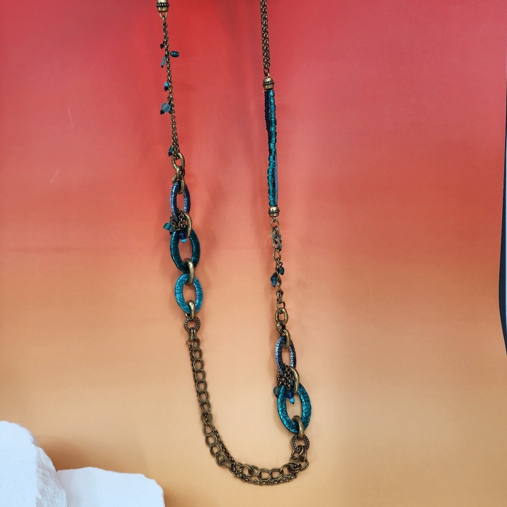 Chico's Teal Blue Beaded Mixed Media Chain Necklace Chunky Statement Vintage